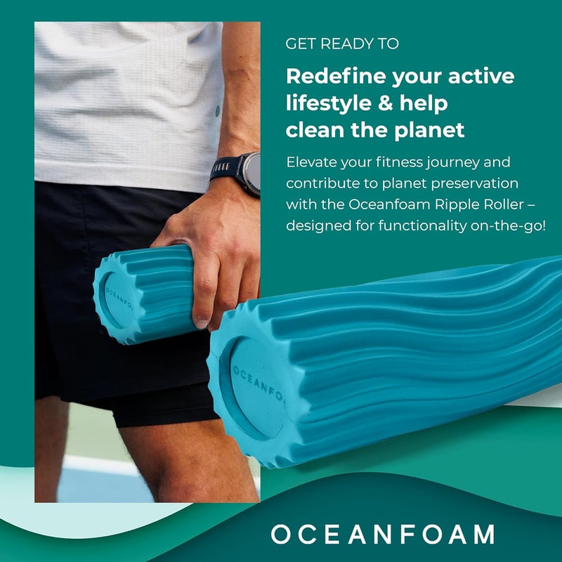 Oceanfoam Ripple Travel Foam Roller (11" x 3.35") Firm Mini Foam Roller for Physical Therapy, Deep Tissue Massage, Back Pain, High Density, Ergonomic Wave Textured, Yoga, Pilate, Exercise (Miami Blue) - Image 2